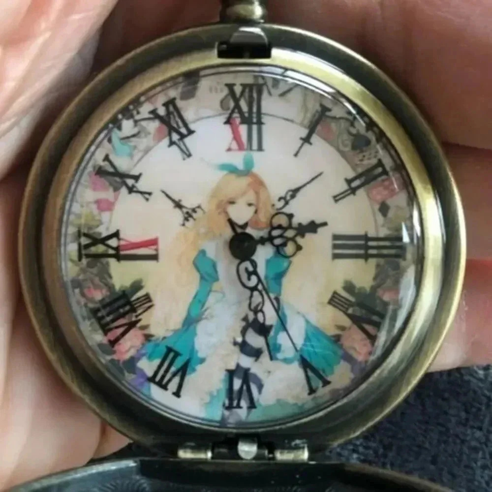 Alice in Wonderland Anime Style Face Bronze Pocket Watch and Chain NWT